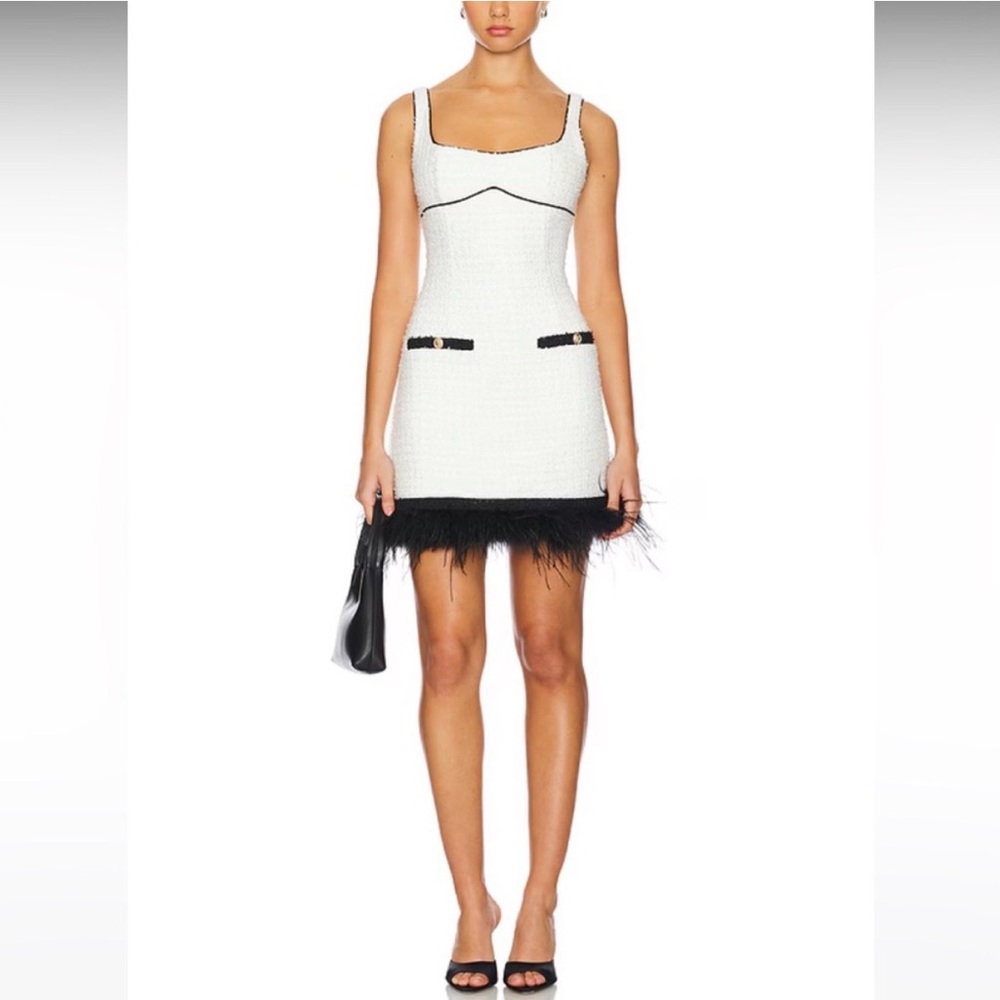 SAYLOR White and Black Feather Trim Mini Dress
